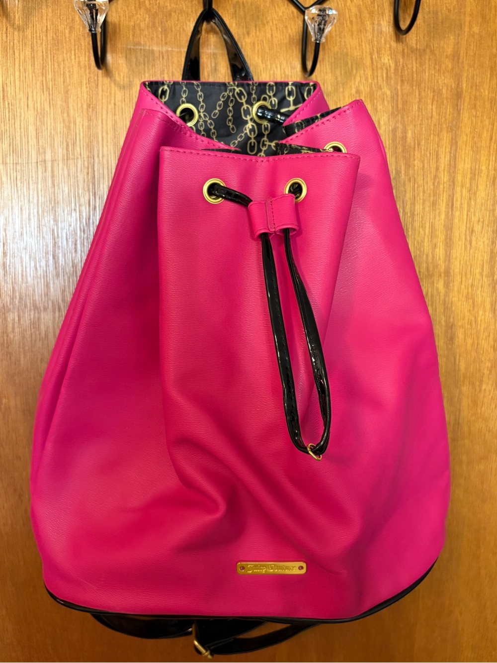 Juicy Couture Hot Pink Drawstring Backpack with Black Trim